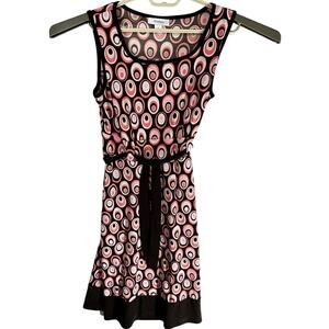 Y2K 2000s Dressbarn Dress Women Size 8 Brown Pink Sleeveless Belted Polka Dots